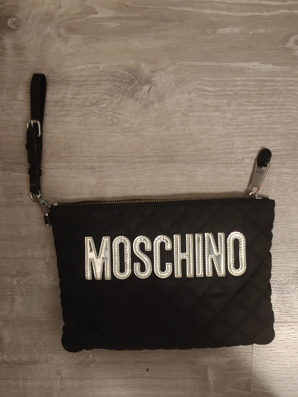 Moschino Black Quilted Wristlet with Shiny Silver Logo